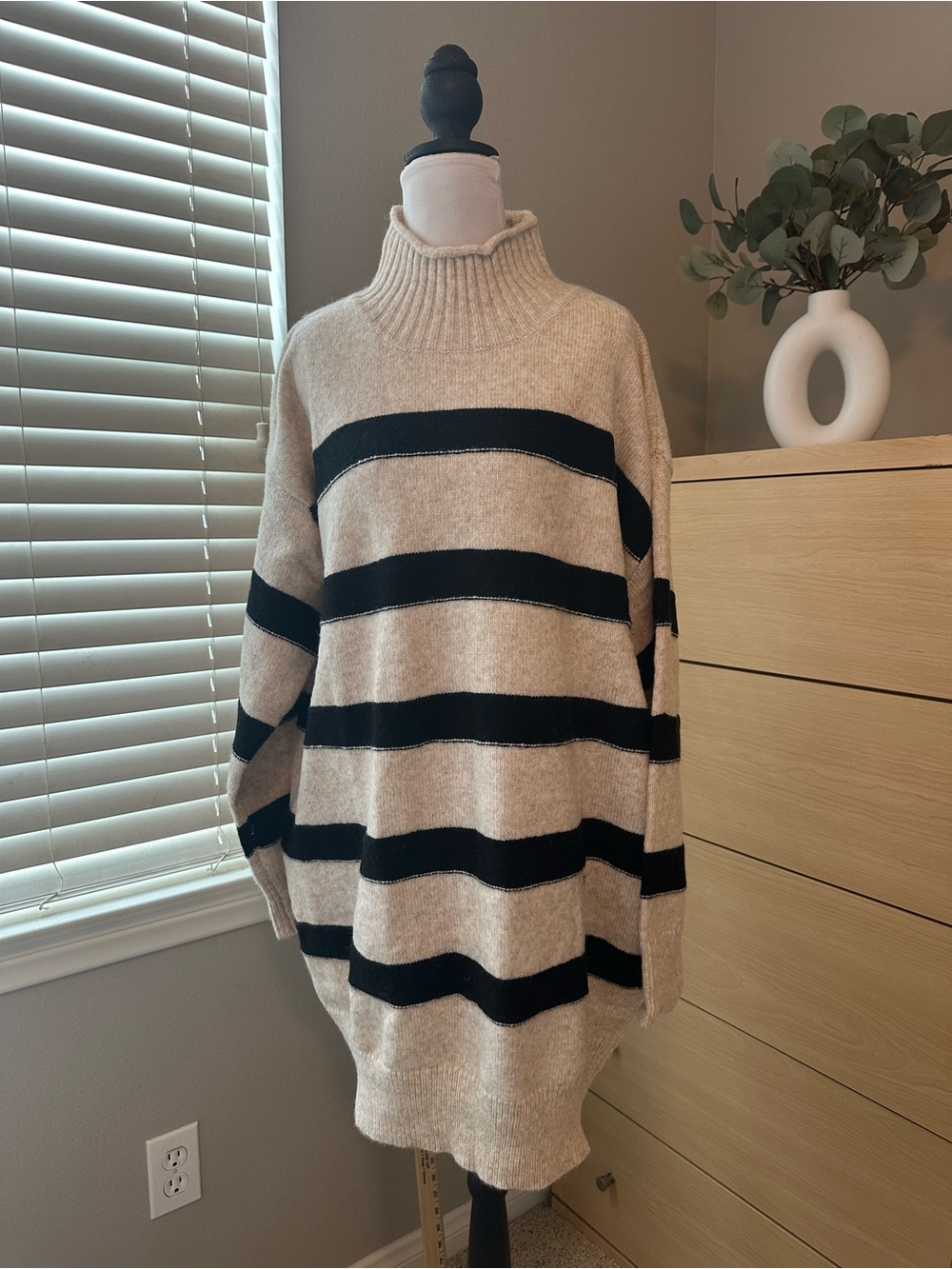 Turtleneck Oversized Stripe Sweater Dress- Cream & Black